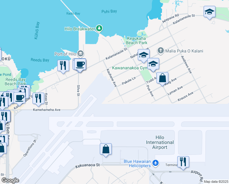 map of restaurants, bars, coffee shops, grocery stores, and more near 162 Kauhane Avenue in Hilo