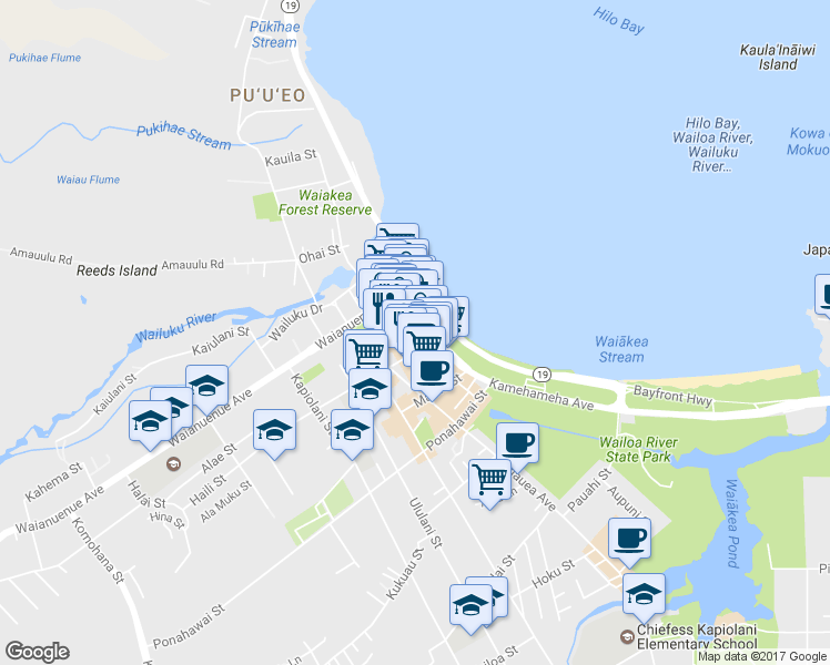 map of restaurants, bars, coffee shops, grocery stores, and more near 196 Kamehameha Ave in Hilo