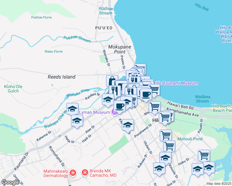 map of restaurants, bars, coffee shops, grocery stores, and more near 40 Ululani Street in Hilo