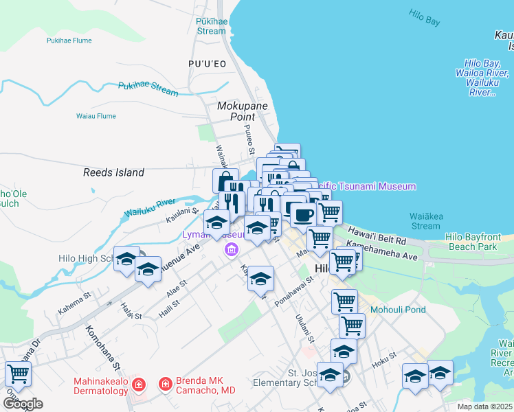 map of restaurants, bars, coffee shops, grocery stores, and more near Waianuenue Ave & Kinoole St in Hilo