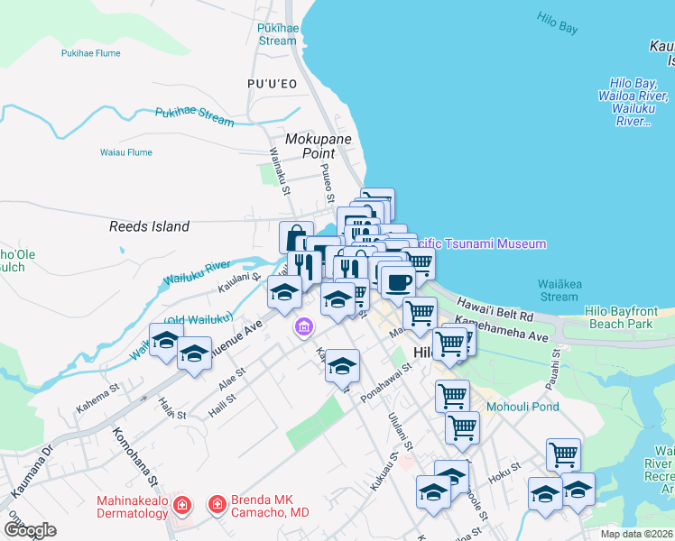 map of restaurants, bars, coffee shops, grocery stores, and more near Waianuenue Ave & Kinoole St in Hilo