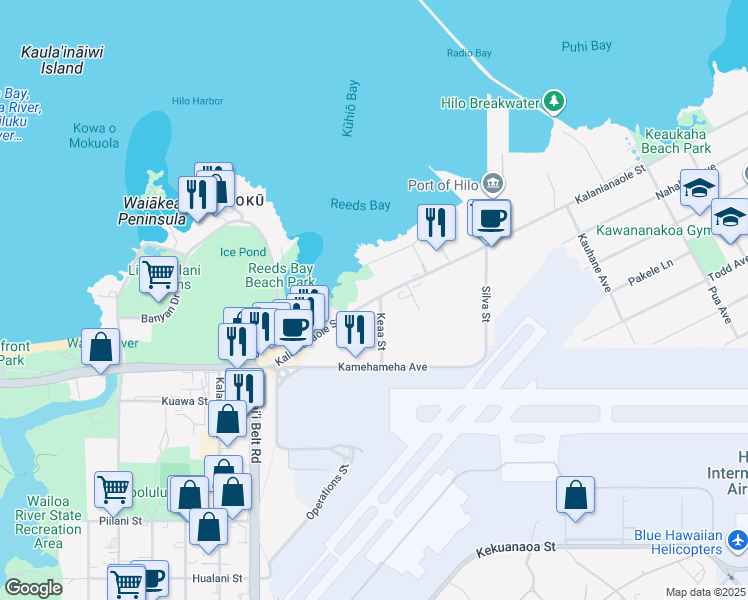 map of restaurants, bars, coffee shops, grocery stores, and more near 300 Kalanianaole Avenue in Hilo