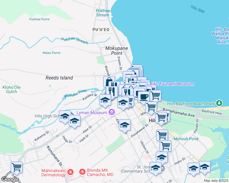 map of restaurants, bars, coffee shops, grocery stores, and more near 27 Ululani Street in Hilo