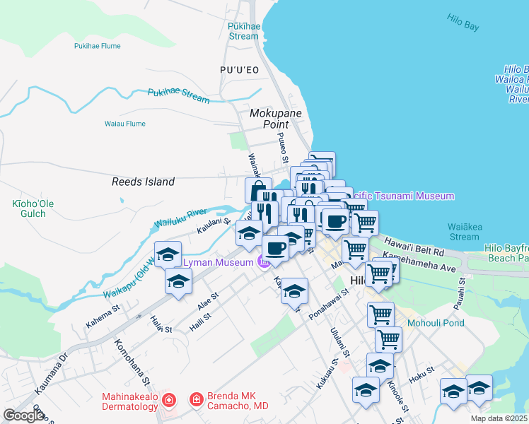 map of restaurants, bars, coffee shops, grocery stores, and more near 10 Ululani Street in Hilo