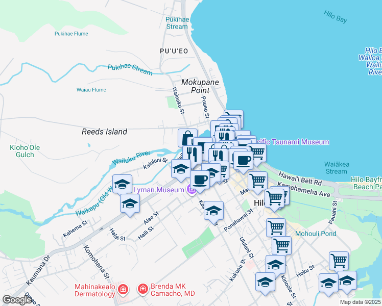 map of restaurants, bars, coffee shops, grocery stores, and more near 0 Ululani Street in Hilo