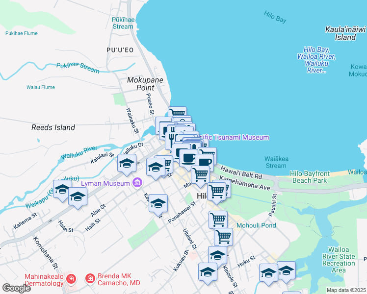 map of restaurants, bars, coffee shops, grocery stores, and more near 196 Kamehameha Avenue in Hilo