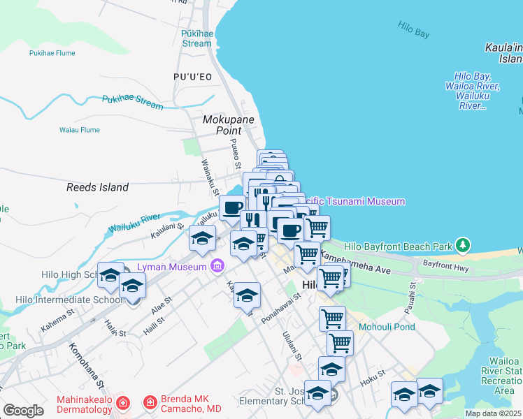 map of restaurants, bars, coffee shops, grocery stores, and more near Waianuenue Ave & Keawe St in Hilo