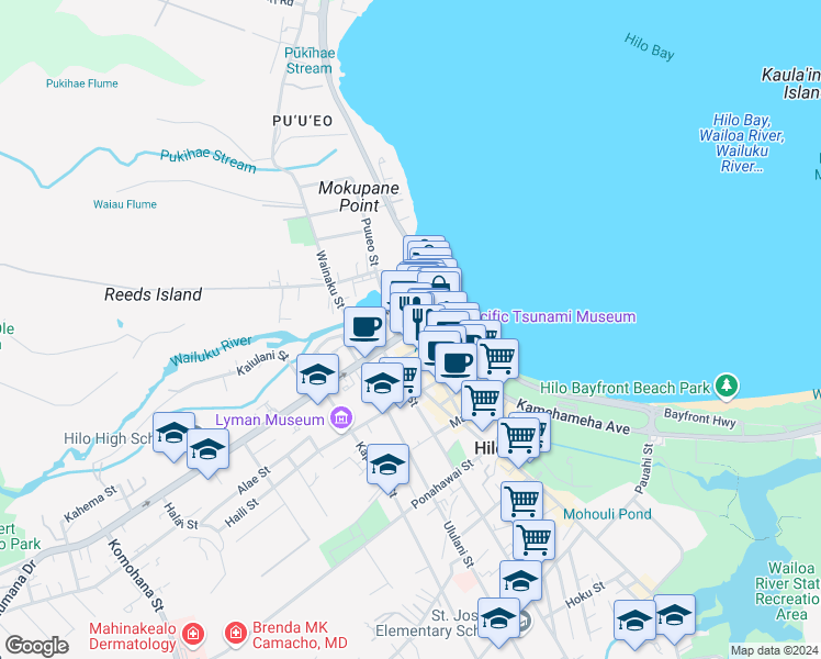 map of restaurants, bars, coffee shops, grocery stores, and more near Waianuenue Ave & Keawe St in Hilo