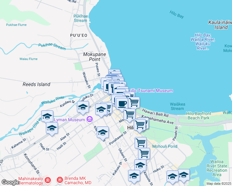 map of restaurants, bars, coffee shops, grocery stores, and more near 27 Waianuenue Avenue in Hilo