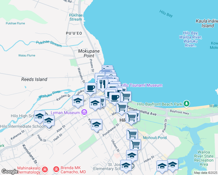 map of restaurants, bars, coffee shops, grocery stores, and more near 27 Waianuenue Avenue in Hilo