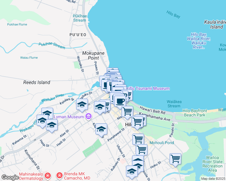 map of restaurants, bars, coffee shops, grocery stores, and more near 90 Kamehameha Avenue in Hilo