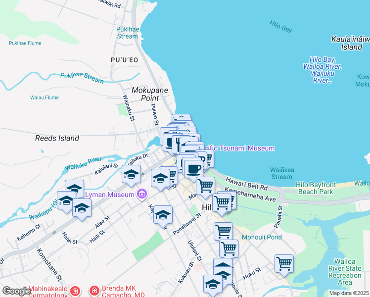 map of restaurants, bars, coffee shops, grocery stores, and more near 90 Kamehameha Avenue in Hilo