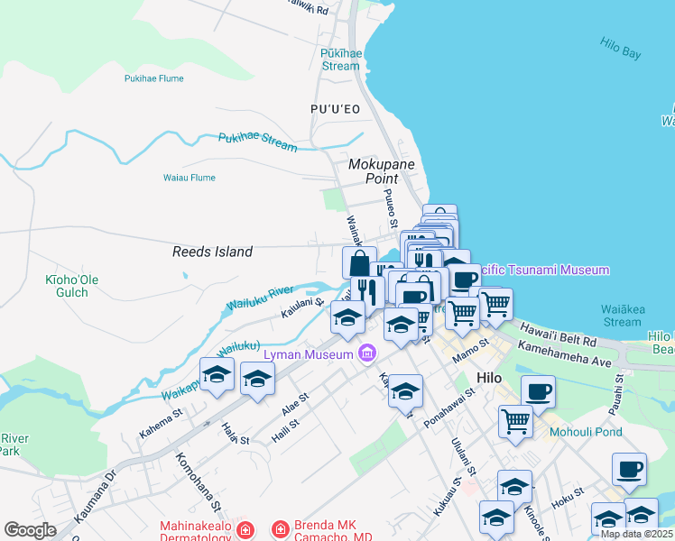 map of restaurants, bars, coffee shops, grocery stores, and more near 24 Waimalino Lane in Hilo