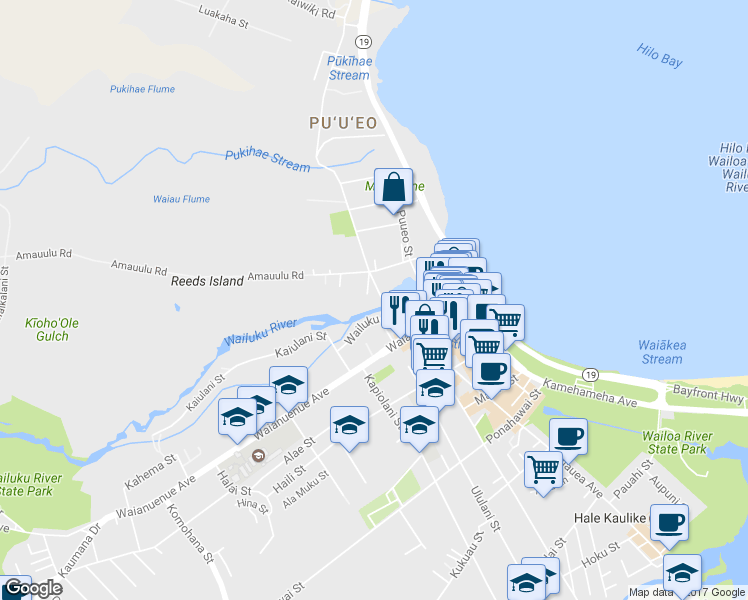 map of restaurants, bars, coffee shops, grocery stores, and more near 37 Wainaku Street in Hilo