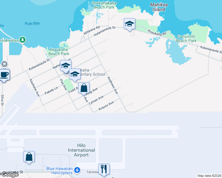 map of restaurants, bars, coffee shops, grocery stores, and more near 291 Lyman Avenue in Hilo