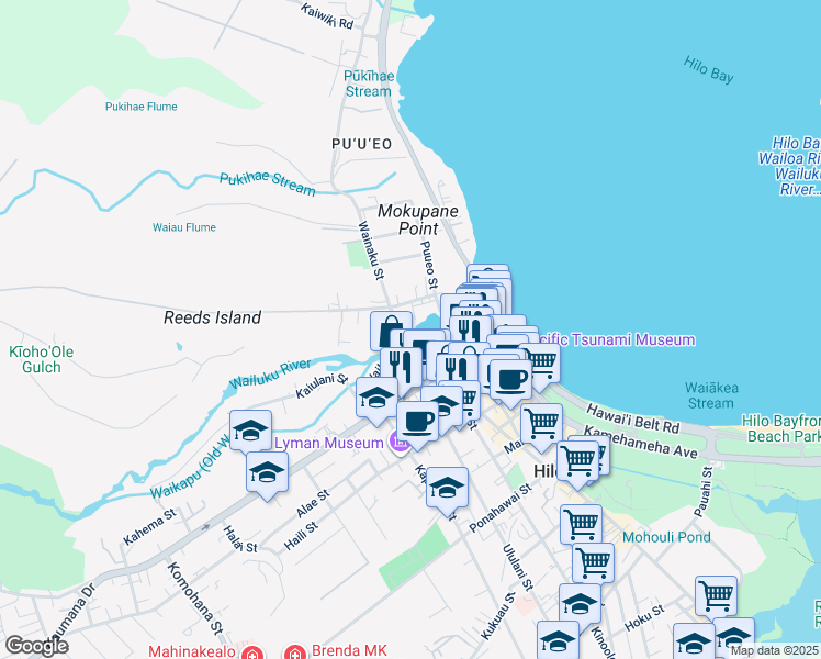 map of restaurants, bars, coffee shops, grocery stores, and more near 37 Wainaku Street in Hilo