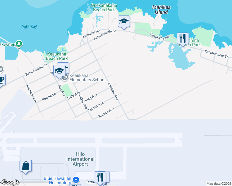 map of restaurants, bars, coffee shops, grocery stores, and more near 291 Lyman Avenue in Hilo