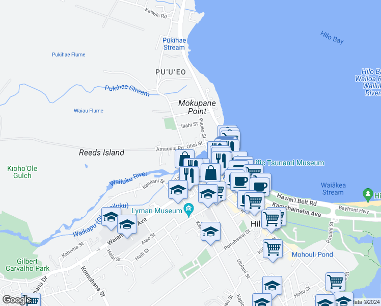 map of restaurants, bars, coffee shops, grocery stores, and more near 66 Wainaku Street in Hilo