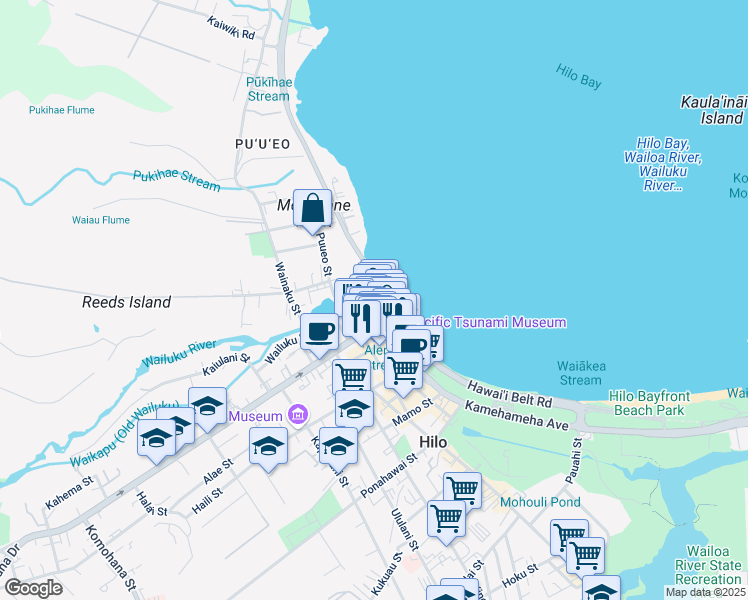map of restaurants, bars, coffee shops, grocery stores, and more near 28 Kou Lane in Hilo