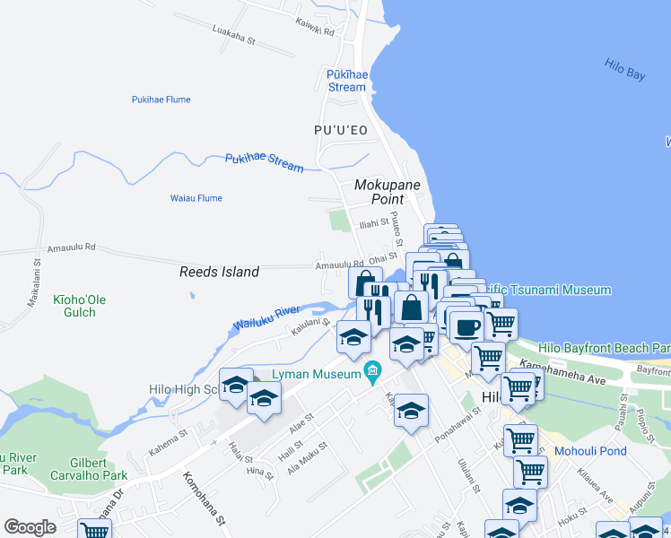 map of restaurants, bars, coffee shops, grocery stores, and more near 45 Amauulu Road in Hilo