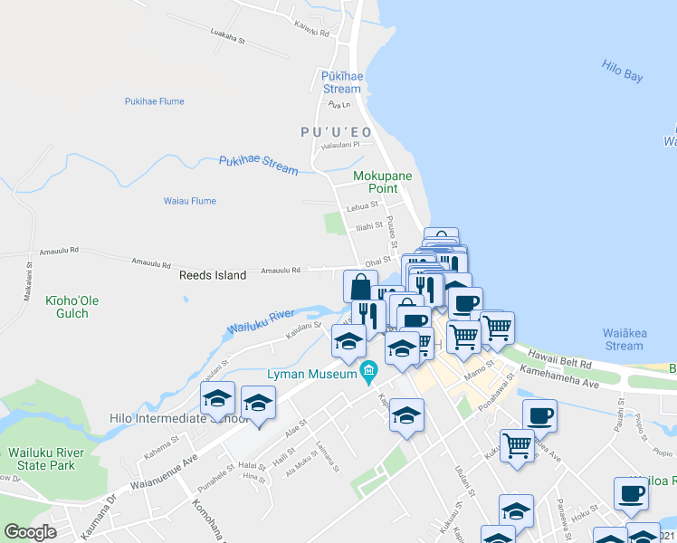 map of restaurants, bars, coffee shops, grocery stores, and more near 46 Amauulu Road in Hilo