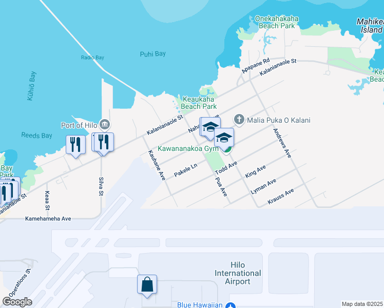 map of restaurants, bars, coffee shops, grocery stores, and more near 200 Desha Avenue in Hilo