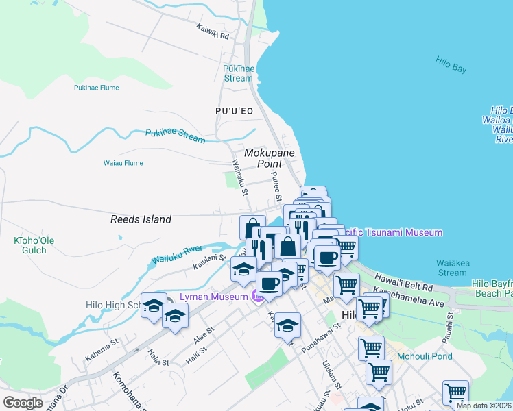 map of restaurants, bars, coffee shops, grocery stores, and more near in Hilo