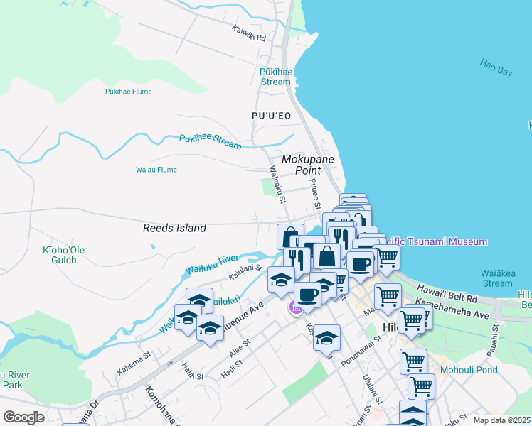 map of restaurants, bars, coffee shops, grocery stores, and more near 46 Amauulu Road in Hilo