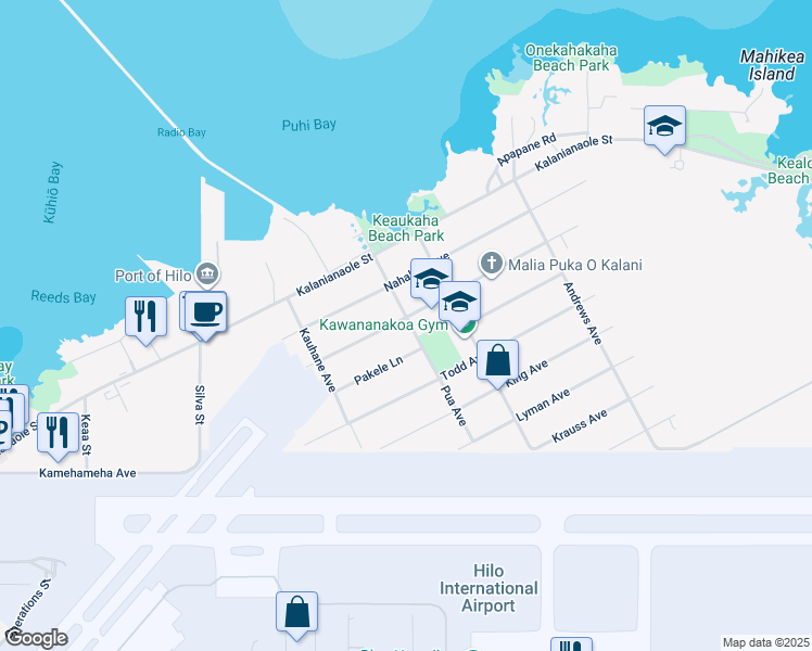 map of restaurants, bars, coffee shops, grocery stores, and more near 200 Desha Avenue in Hilo