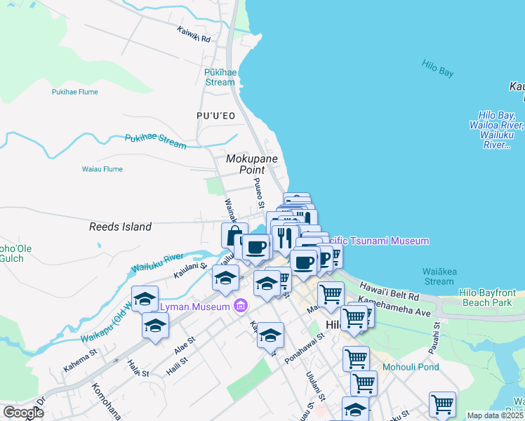 map of restaurants, bars, coffee shops, grocery stores, and more near 53 Puueo Street in Hilo