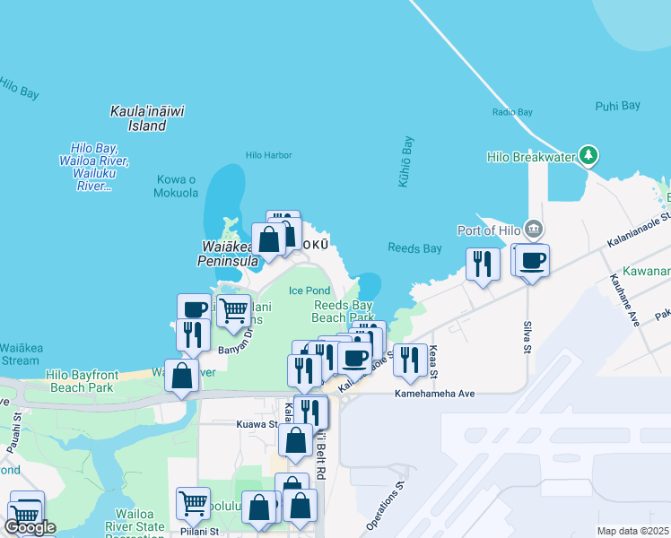 map of restaurants, bars, coffee shops, grocery stores, and more near 121 Banyan Drive in Hilo