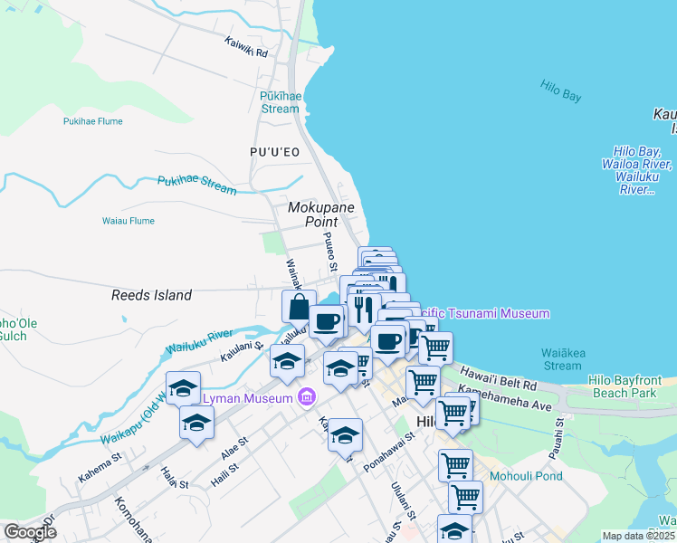 map of restaurants, bars, coffee shops, grocery stores, and more near 66 Puueo Street in Hilo