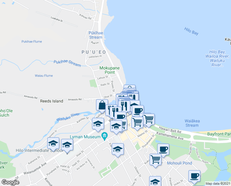 map of restaurants, bars, coffee shops, grocery stores, and more near 53 Puueo Street in Hilo