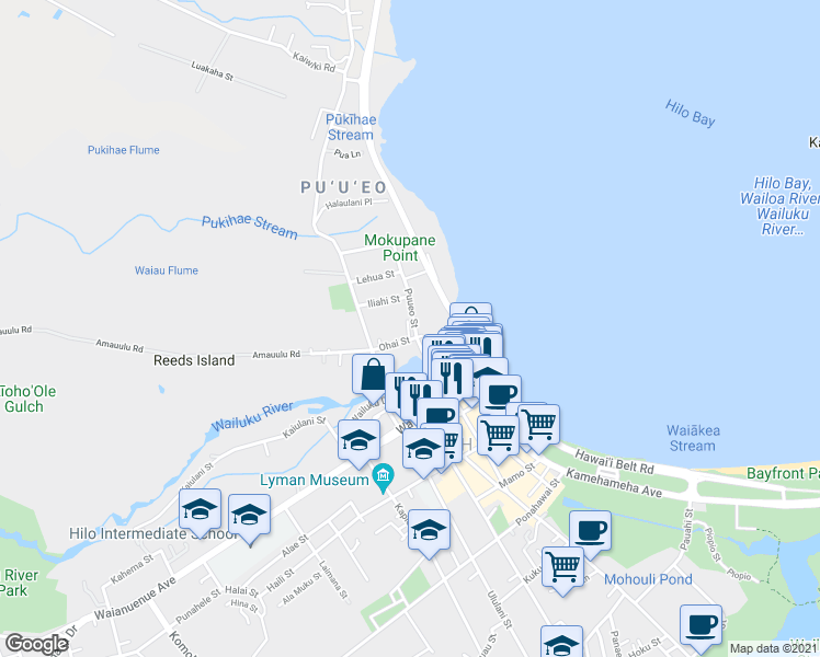 map of restaurants, bars, coffee shops, grocery stores, and more near 53 Puueo Street in Hilo