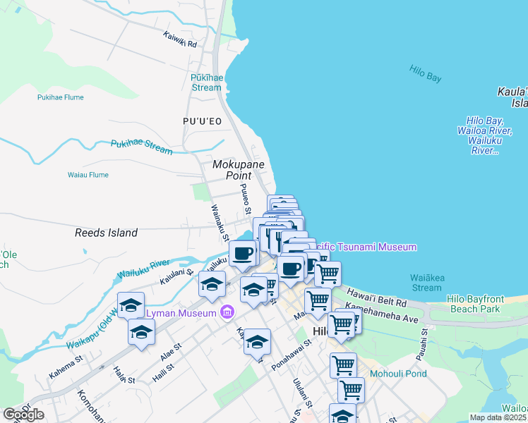 map of restaurants, bars, coffee shops, grocery stores, and more near 28 Kou Lane in Hilo