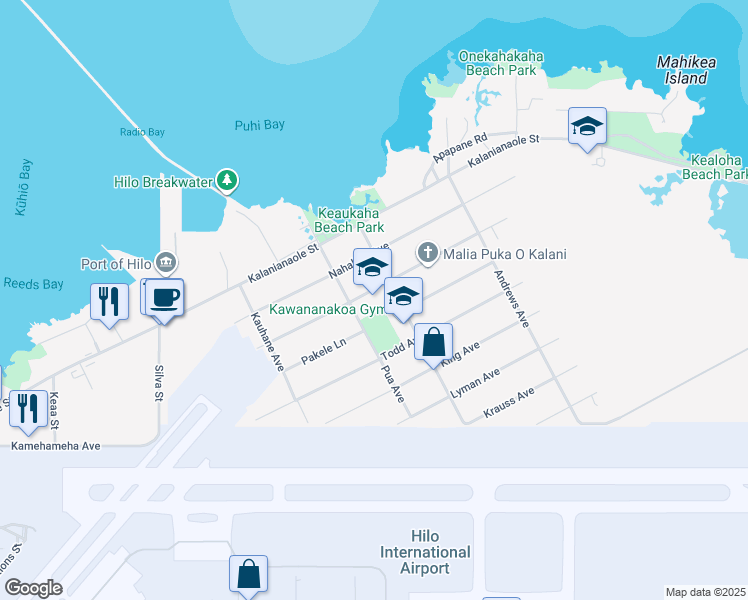 map of restaurants, bars, coffee shops, grocery stores, and more near 240 Desha Avenue in Hilo