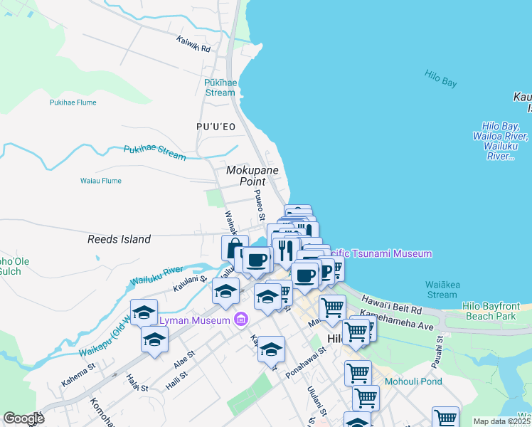 map of restaurants, bars, coffee shops, grocery stores, and more near 53 Puueo Street in Hilo