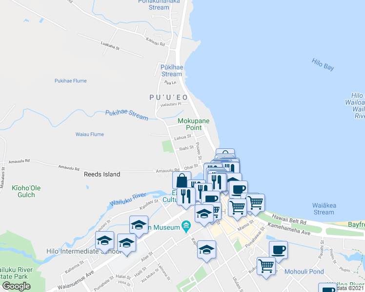 map of restaurants, bars, coffee shops, grocery stores, and more near 348 Iliahi St in Hilo