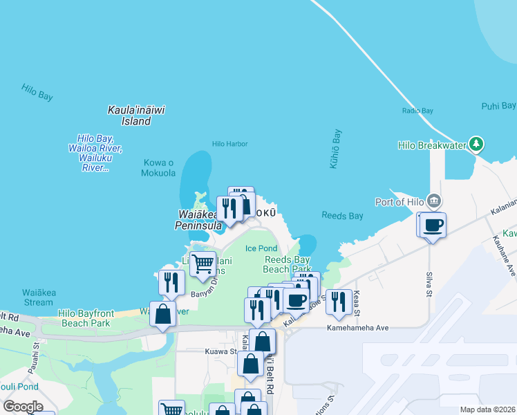 map of restaurants, bars, coffee shops, grocery stores, and more near 93 Banyan Drive in Hilo