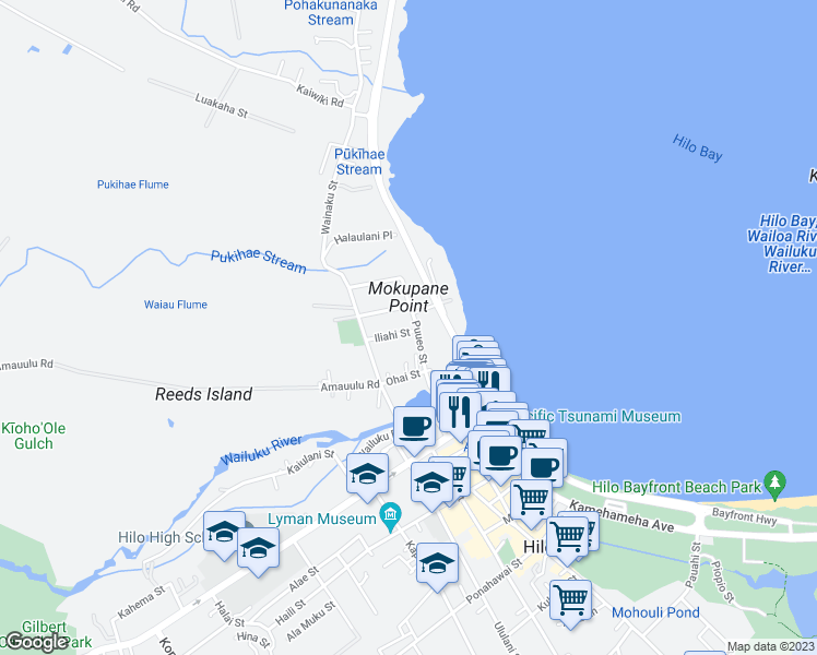map of restaurants, bars, coffee shops, grocery stores, and more near 312 Iliahi Street in Hilo