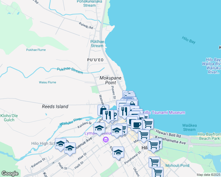 map of restaurants, bars, coffee shops, grocery stores, and more near 274 Kamehameha Avenue in Hilo