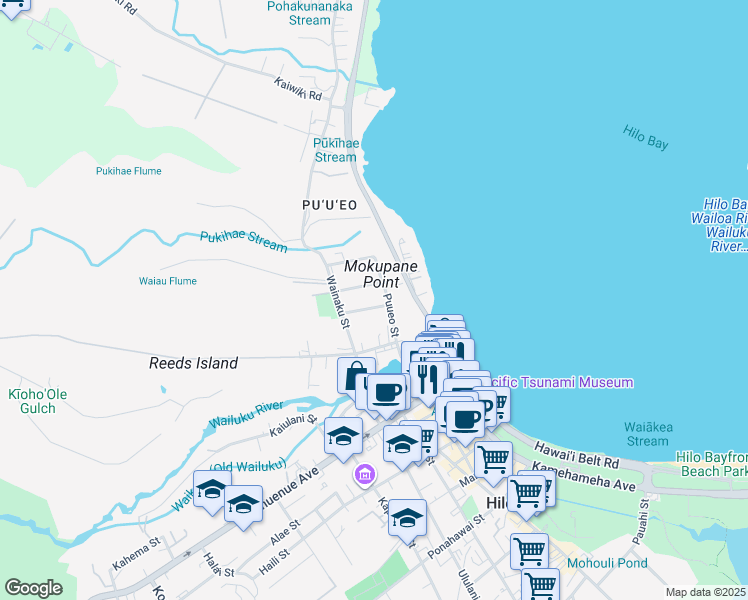 map of restaurants, bars, coffee shops, grocery stores, and more near 348 Iliahi Street in Hilo