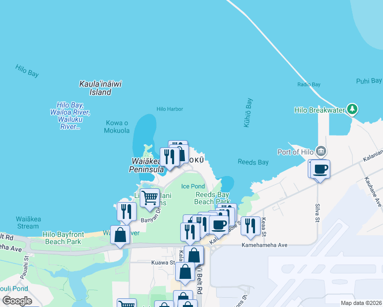 map of restaurants, bars, coffee shops, grocery stores, and more near 93 Banyan Drive in Hilo