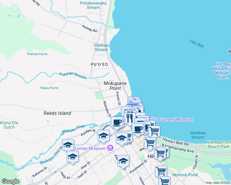 map of restaurants, bars, coffee shops, grocery stores, and more near 121 Puueo Street in Hilo