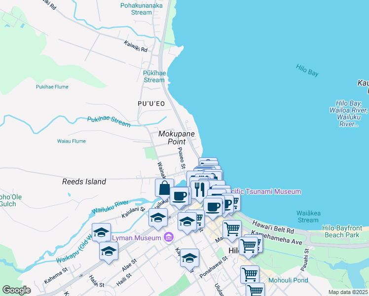 map of restaurants, bars, coffee shops, grocery stores, and more near 308 Iliahi Street in Hilo