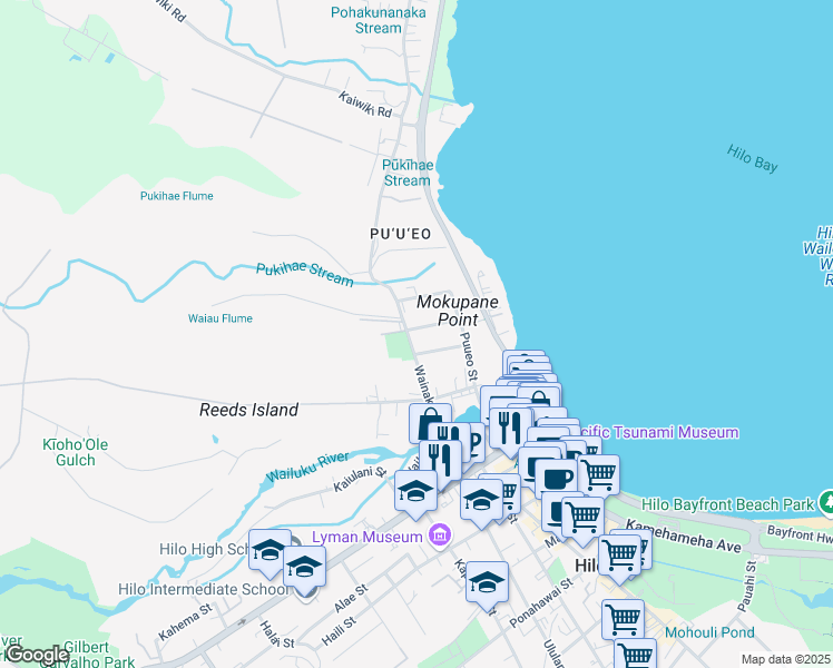 map of restaurants, bars, coffee shops, grocery stores, and more near 348 Iliahi Street in Hilo