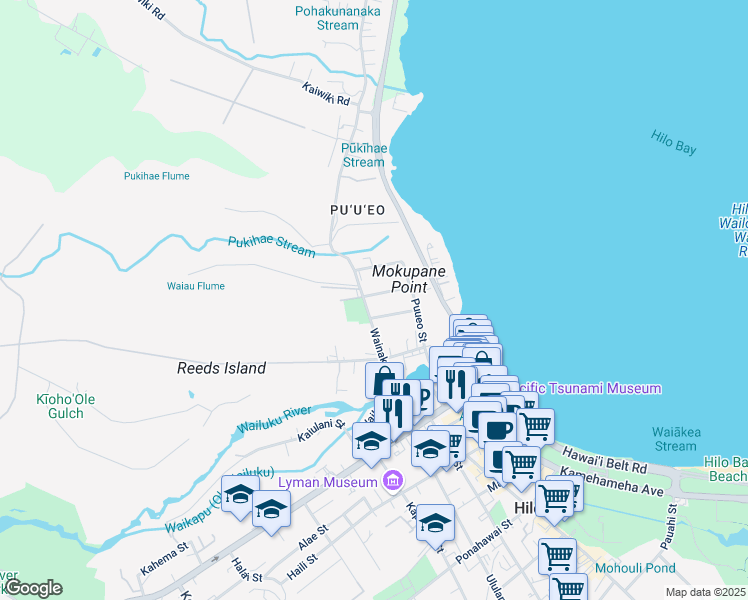 map of restaurants, bars, coffee shops, grocery stores, and more near 363 Lehua Street in Hilo
