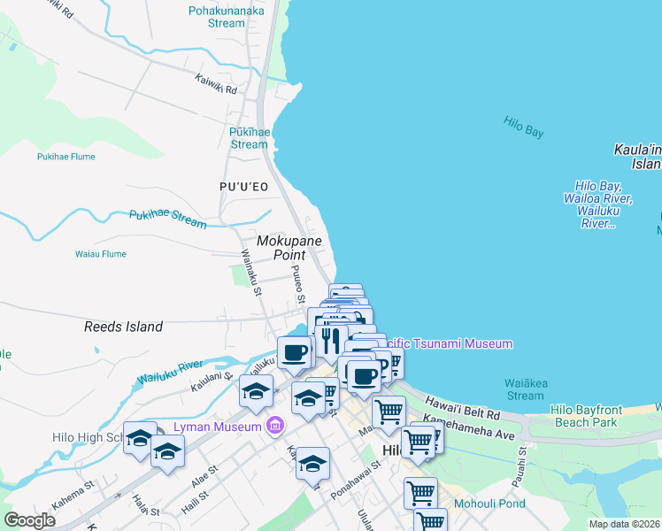map of restaurants, bars, coffee shops, grocery stores, and more near 4 Pukihae Street in Hilo
