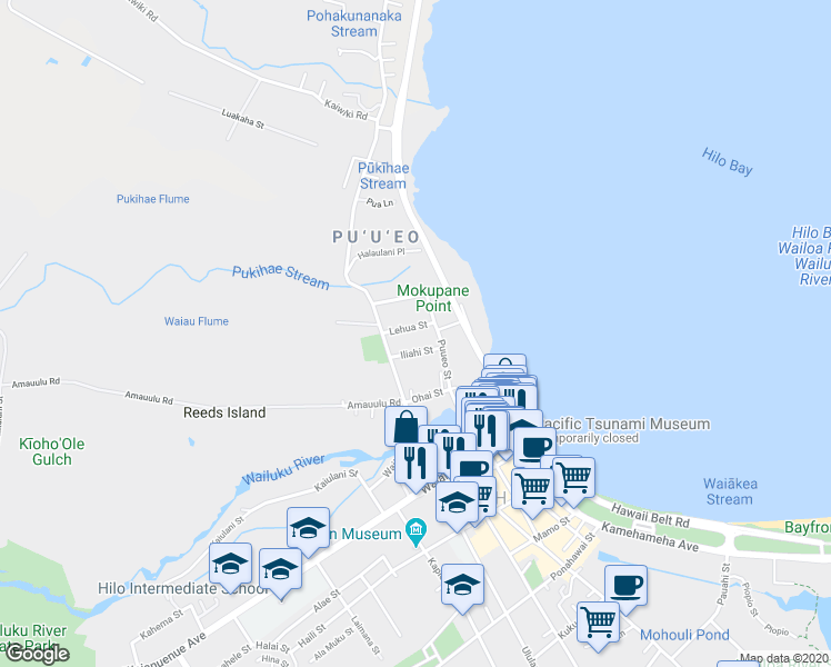 map of restaurants, bars, coffee shops, grocery stores, and more near 348 Iliahi Street in Hilo