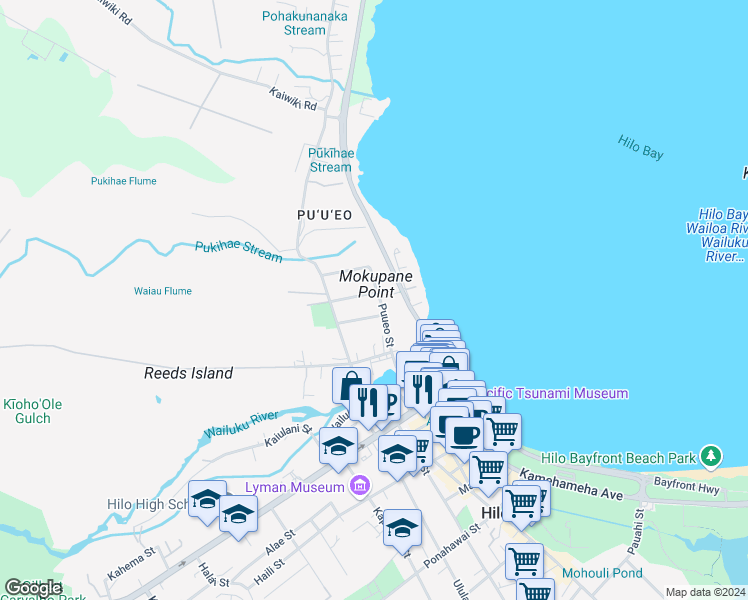 map of restaurants, bars, coffee shops, grocery stores, and more near 308 Iliahi Street in Hilo